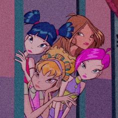 three cartoon girls standing next to each other in front of a wall with pink and blue stripes