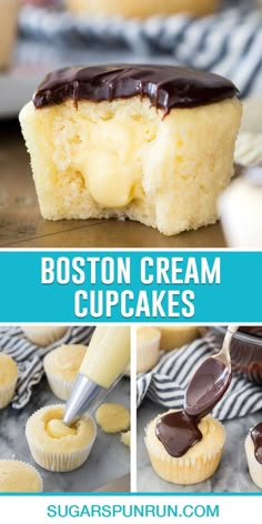 boston cream cupcakes with chocolate frosting on top