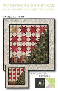 the cover of patchwork christmas wall hanging, quilt and pillow pattern is shown in two different colors