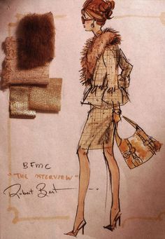 a drawing of a woman's outfit with fur stoler and handbag on display