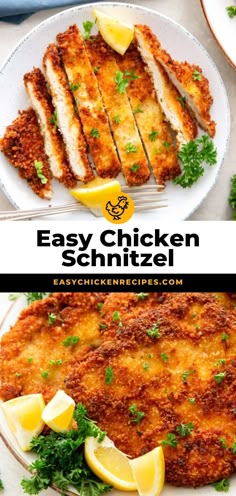 easy chicken schnitz with lemon wedges and parsley on the side is shown