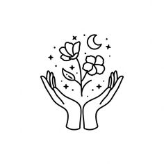 two hands holding flowers with stars and moon in the background