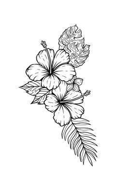 a black and white drawing of flowers with leaves on the bottom half of each flower