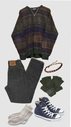 an assortment of clothing including sweaters, jeans and converse sneakers is shown in this image