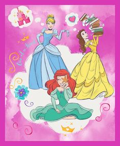 the princesses are talking to each other in front of a pink background with flowers