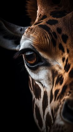 a giraffe's eye is shown in the dark