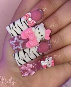 Sanrio Duck Nails, Gyaru Duck Nails, Kawaii Duck Nails, Hello Kitty Charm Nails, Duck Nails Y2k, Y2k Duck Nails, Glitter Barbie