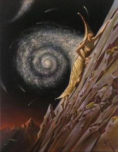 a painting of a woman standing on top of a cliff next to a spiral vortex