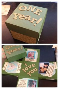 two pictures of a green box with the words one year on it