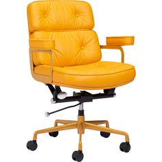 an office chair with wheels on the back and seat upholstered in yellow leather