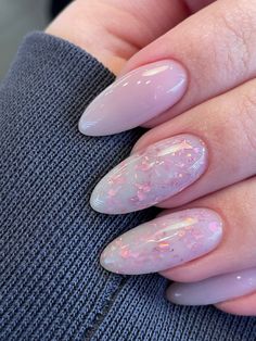 Pearlescent Almond Nails, Iridescent Nails Almond Shape, Soft Pink Almond Nails Glitter, Cute Nails Glitter, Light Pink Sparkly Almond Nails, Fairy Dust Almond Nails, Wow Nails