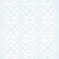 a blue and white striped wallpaper with flowers