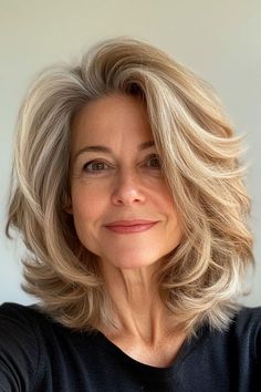 Mid Length Blonde Hair, Older Women's Hairstyles, Short Layered Bob Hairstyles, Textured Lob, Hairstyles For Older Women, Medium Bob Hairstyles, Layered Hairstyles, Caramel Balayage, Chin Length Hair