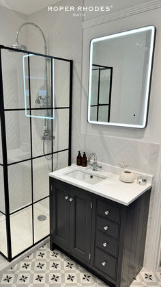 Inspired by the gorgeous, coastal surroundings of her Torquay home, Lucy from @willowhearthome wanted to give her ensuite bathroom an elegant refresh. Grey Ensuite Shower Room, Bathroom Tiles With Black Fittings, Shower Room Black Fittings, Budget Ensuite Renovation, Ensuite Green Tiles, Real Bathrooms, Hampton Furniture, Industrial Bathroom Design, Black Cabinets Bathroom