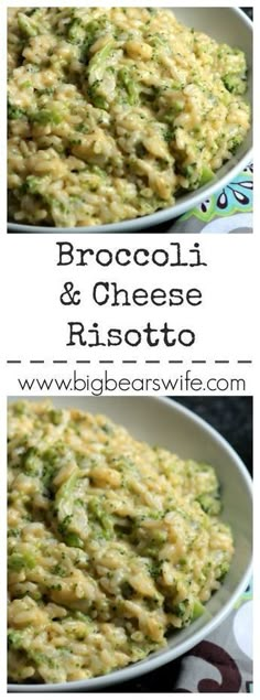 broccoli and cheese risotto in a white bowl