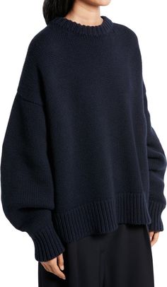 The Row Ophelia Oversize Crewneck Wool & Cashmere Sweater | Nordstrom Navy Sweater Outfit, Blue Sweater Outfit, Dark Blue Sweater, Oversized Sweater Women, Blue Knit Sweater, Oversized Crewneck, Sweater Style, Oversize Knit, Sweater Knitting Patterns