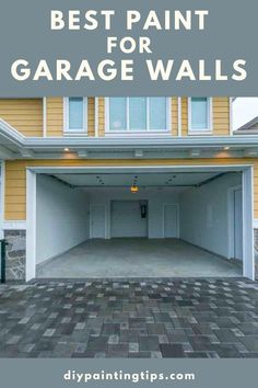 a garage with the words best paint for garage walls