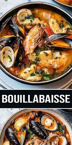 two pictures with different types of food in them and the words, bouillabaisse