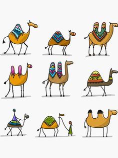 cartoon camels with colorful hats and scarves on their heads are shown in different poses