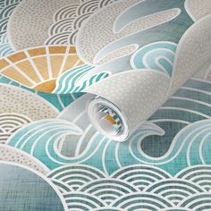 an artistic wallpaper design with waves and circles in blue, gold and white colors