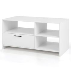 a white entertainment center with two drawers and one drawer on the bottom, in front of a white background