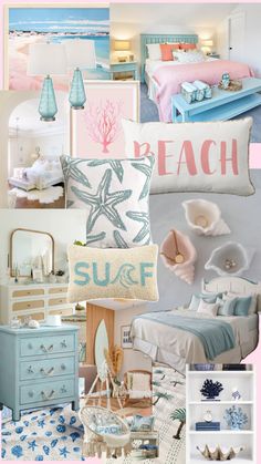 a collage of beach themed bedroom decor and accessories in pink, blue, and white