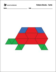 the pattern blocks turtle is shown in red, green and blue