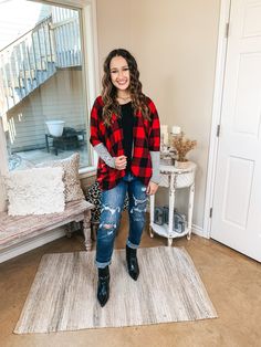 Everyone is starting to line up for this adorable cardigan! It includes an ivory and black striped sleeve, a buffalo plaid body, a dolman fit, and so much style! This is the perfect piece for the upcoming seasons. Throw this on over a graphic tee and add booties and you'll be set. Abby is wearing a size large. Size Suggestions: Small: 2-6 Medium: 6-8 Large: 10-12 XL: 14-16 2XL: 18-20 3XL: 22-24 Fabric Content: 95% Polyester 5% Spandex Care Instructions: Hand wash, cold. Do not bleach. Hang to dr Lining Up, Striped Sleeve, Buffalo Plaid, Black Stripes, Cardigan Sweater, Large Size, Sweater Cardigan, Christmas Sweaters, Graphic Tee