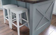 two stools sit at the center of a kitchen island