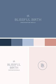 the blissful birth logo is shown in blue, pink and grey colors with white lettering