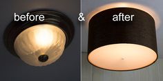 before and after photos of a black light fixture with white fabric on the lamp shade