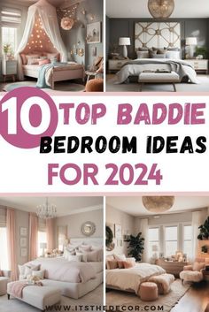 the top 10 badie bedroom ideas for 2014 are in pink and white, with text overlay