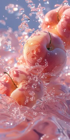 three apples floating in the water with bubbles