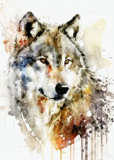 a watercolor painting of a wolf's head with paint splatters on it