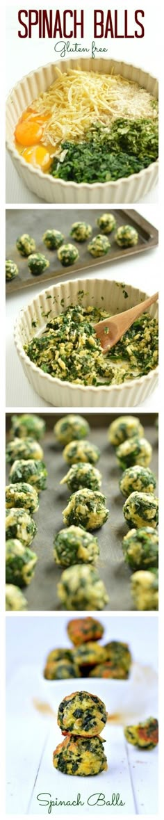 spinach balls are being cooked in a pan and placed on top of each other