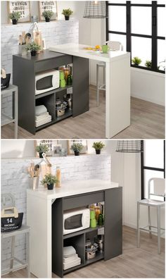 two pictures of the same kitchen and dining table with open shelves on each side, one is