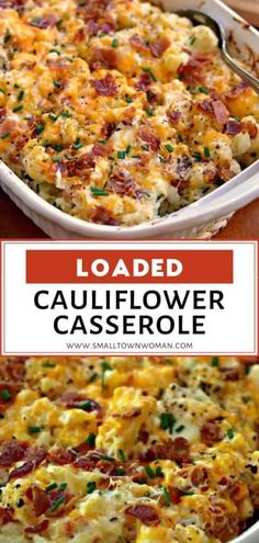 loaded cauliflower casserole with bacon and parsley in a white dish