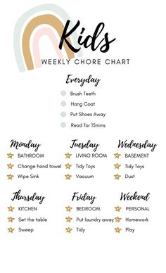 the weekly chore chart for kids is shown in black and white, with rainbows on