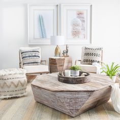 a living room filled with furniture and pictures on the wall above it's coffee table