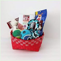 a red basket filled with lots of different items