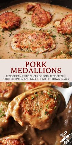 pork medallions with gravy in a slow cooker