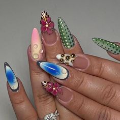 🌟 Stunning 3D Artistic Press-On Nails 🌟 💅 Transform your look with these uniquely crafted press-on nails! Designed for those who love to stand out, this artistic set combines 3D floral accents, water droplet details, vibrant polka dots, and an elegant gradient ombre effect. Each nail is meticulously hand-painted with love and precision to bring a luxurious touch to your everyday style or special occasion. 🌸✨ 🌟 Highlights: 🌸 3D Floral Magic: Adorned with lifelike flowers and intricate designs, this set captures the essence of blooming beauty. 💧 Realistic Water Droplets: A fresh, dewy look that adds dimension and sophistication. 🌈 Gradient Ombre Elegance: Soft transitions of vibrant hues make this set a true masterpiece. ✨ Polka Dot Playfulness: Fun green and white polka dot accents Nails With Polka Dots, Nails Floral, Y2k Nails, Nail Photos, Manicure At Home, Cute Nail Designs, Elegant Floral, Floral Designs