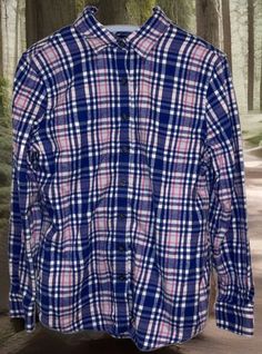 Lands End Womens Flannel Button Up Shirt Pink Blue Plaid Long Sleeve Size 8P