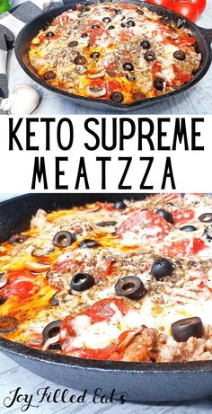 two pizzas sitting in pans with the words keto supreme meatzza on them