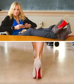 a woman in high heels sitting at a table