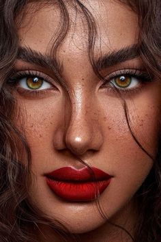 a woman's face with freckled hair and red lipstick on her lips