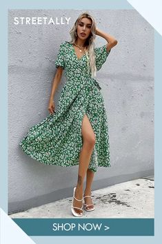 Fashion Sexy Slim Lotus Leaf Sleeve Maxi Casual Dress Printed Green Dress, Summer Wrap Dress, Wrap Dress Styles, Mode Tips, Outfits Classy, Midi Wrap Dress, Dresses Trendy, Elegant Dresses For Women, Weave Style