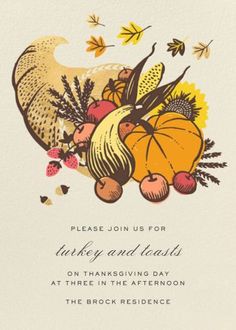 a thanksgiving card with an illustration of pumpkins and gourds in autumn colors