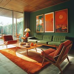 Contemporary Retro Interior Design, Sunroom Lounge, Mid Mod Living Room, 70s Inspired Living Room, 70s Living Room Decor, 70s Living Room, 70s Interior Design, Design Therapy, Oregon House