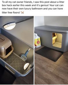 an airplane bathroom with the door open to reveal its own litter box and toilet paper dispenser